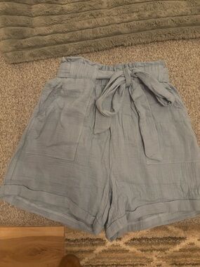 SHEIN Light Blue High-Waist Tie-Belt Paperbag Shorts